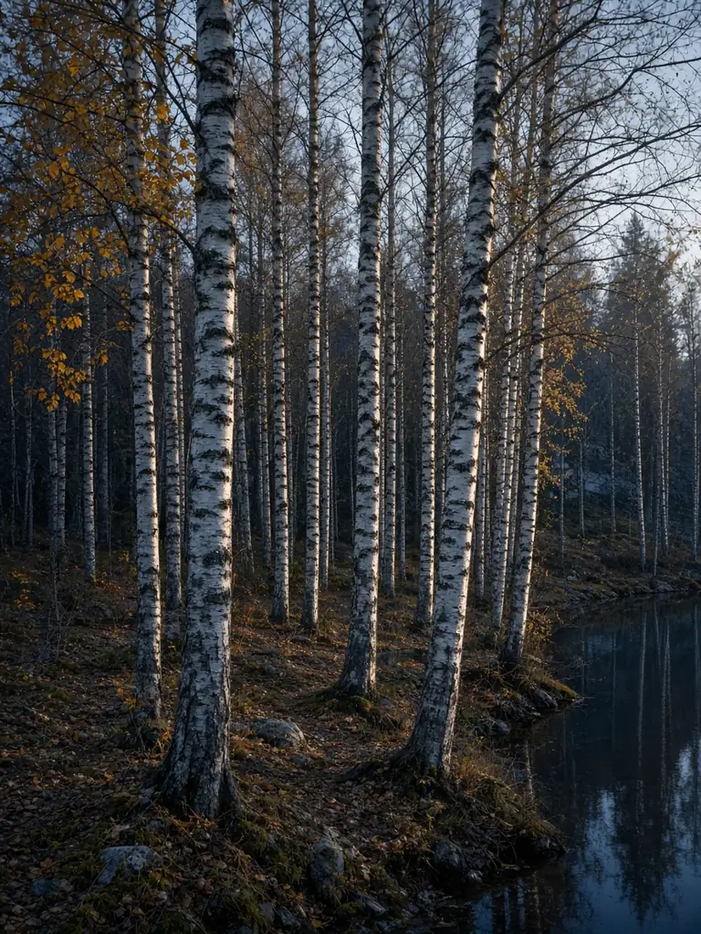 Björkstammar vid mörkt vatten i lågt höstljus.
